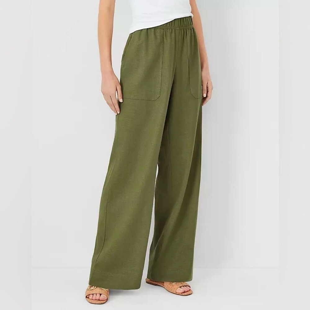 Ann Taylor - weekend easy linen blend straight leg pant - olive green - size XL